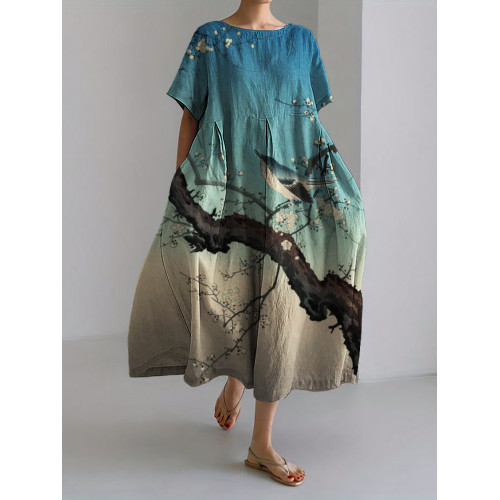 Bird on Floral Tree Gradient Japanese Art Linen Blend Maxi Dress