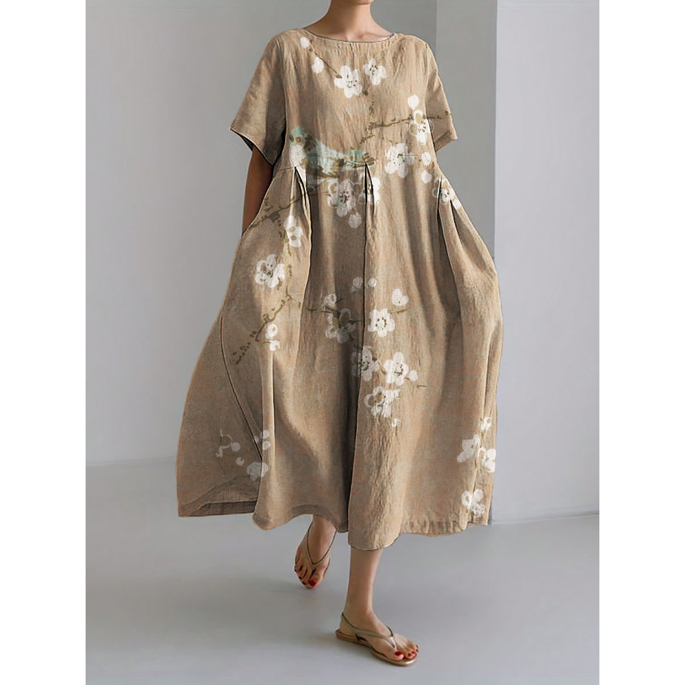 Bird on Plum Blossom Branches Japanese Linen Blend Maxi Dress