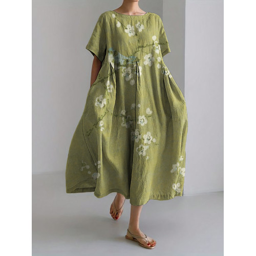 Bird on Plum Blossom Branches Japanese Linen Blend Maxi Dress