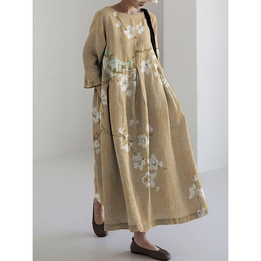 Bird on Plum Blossom Branches Japanese Linen Blend Maxi Dress