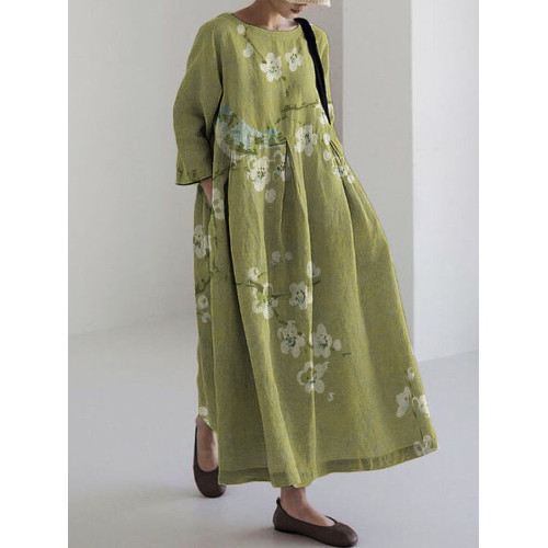 Bird on Plum Blossom Branches Japanese Linen Blend Maxi Dress
