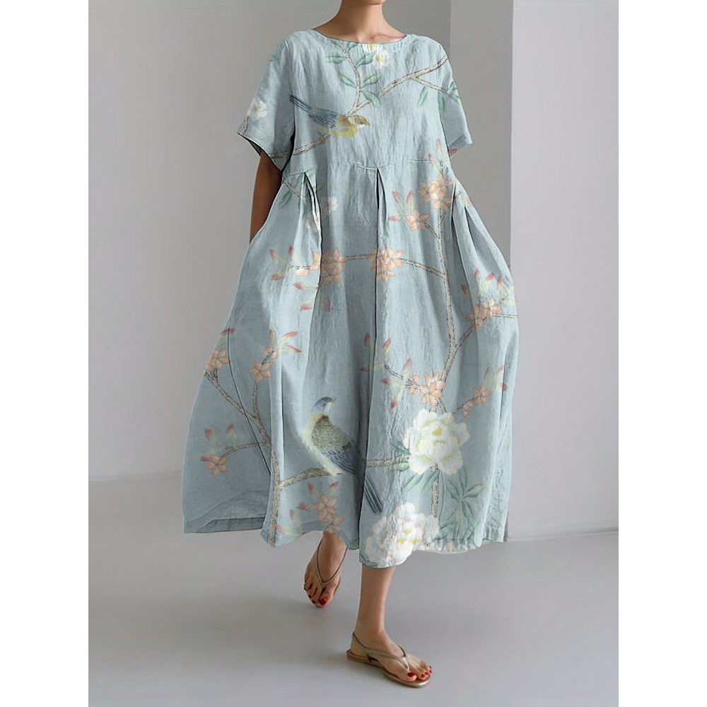 Birds on Floral Branches Japanese Art Linen Blend Maxi Dress
