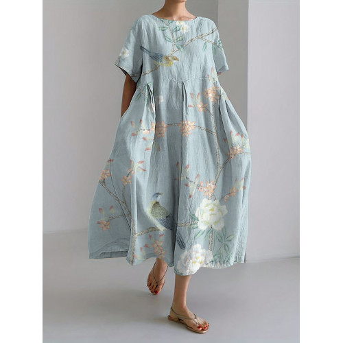 Birds on Floral Branches Japanese Art Linen Blend Maxi Dress