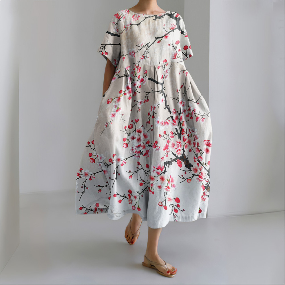 Blossom Japanese Art  Round Neck Short Sleeve Casual Midi Dress