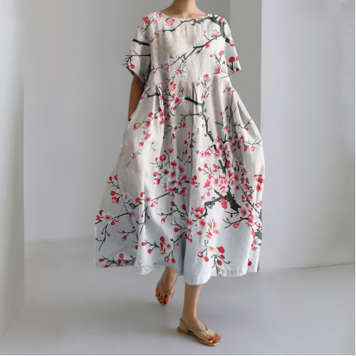 Blossom Japanese Art  Round Neck Short Sleeve Casual Midi Dress