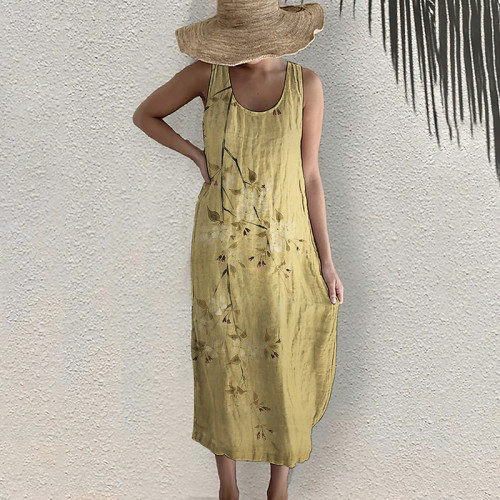Blossom Print Sleeveless Linen Blend Midi Dress