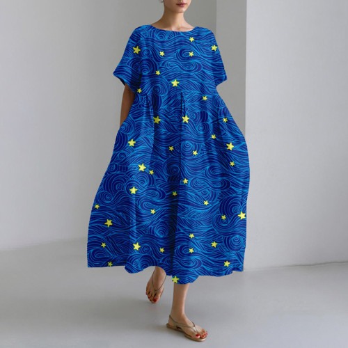 Blue Clouds Stars Print Art Linen Maxi Dress