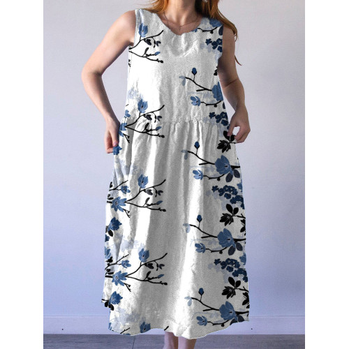 Blue Floral Print Linen Blend Sleeveless Dress