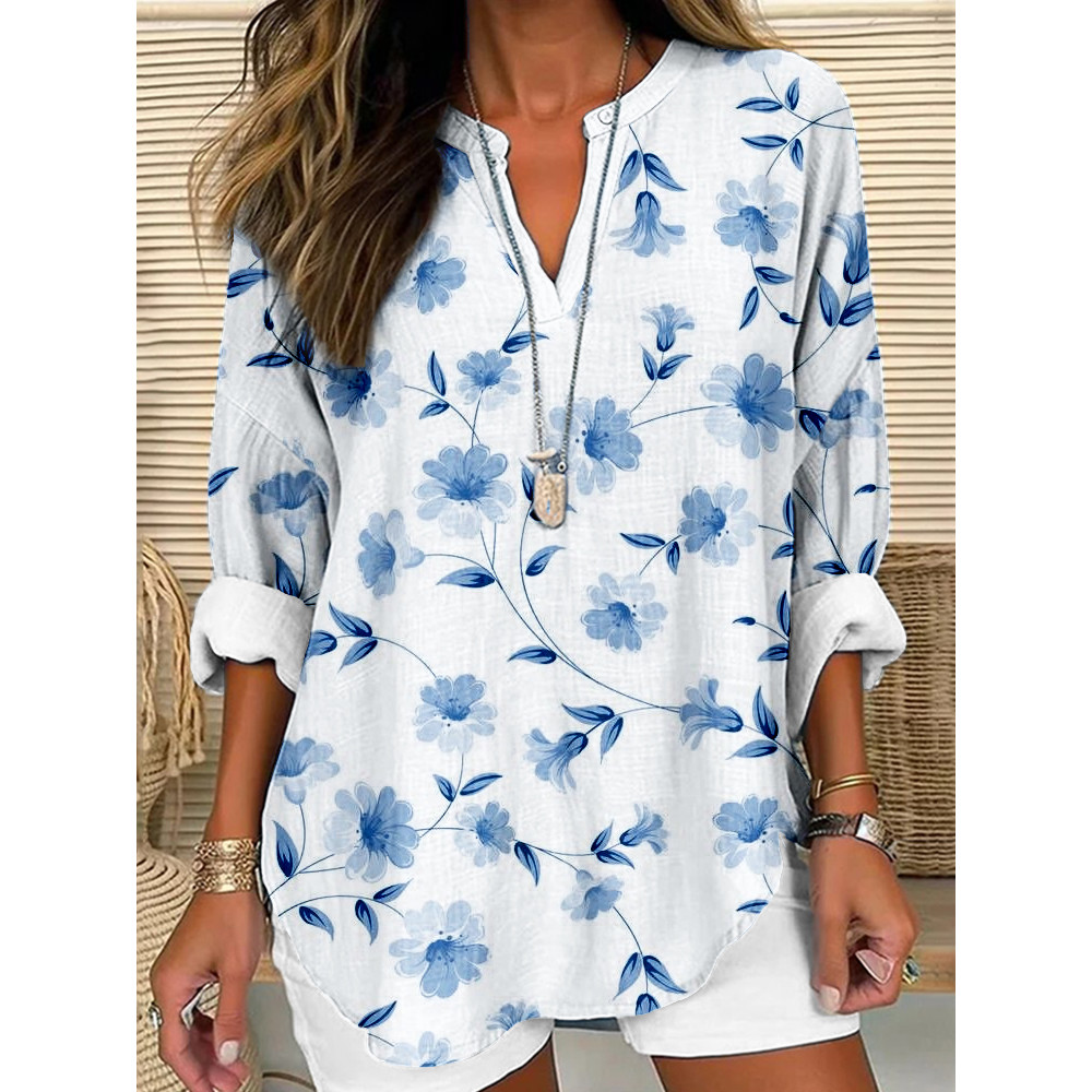 Blue Flowers Botanical Art Linen Blend Cozy Shirt
