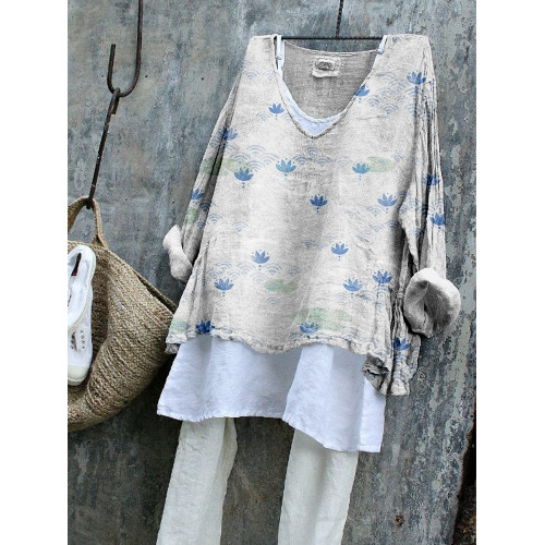 Blue Lotus Block Pattern Linen Blend Tunic