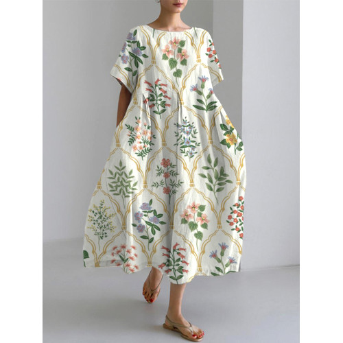 Bohemian Floral Pattern Linen Blend Dress
