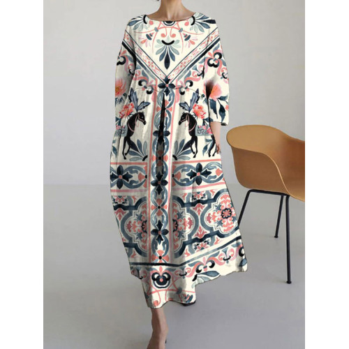 Bohemian Floral Pattern Long Sleeve Linen Blend Dress