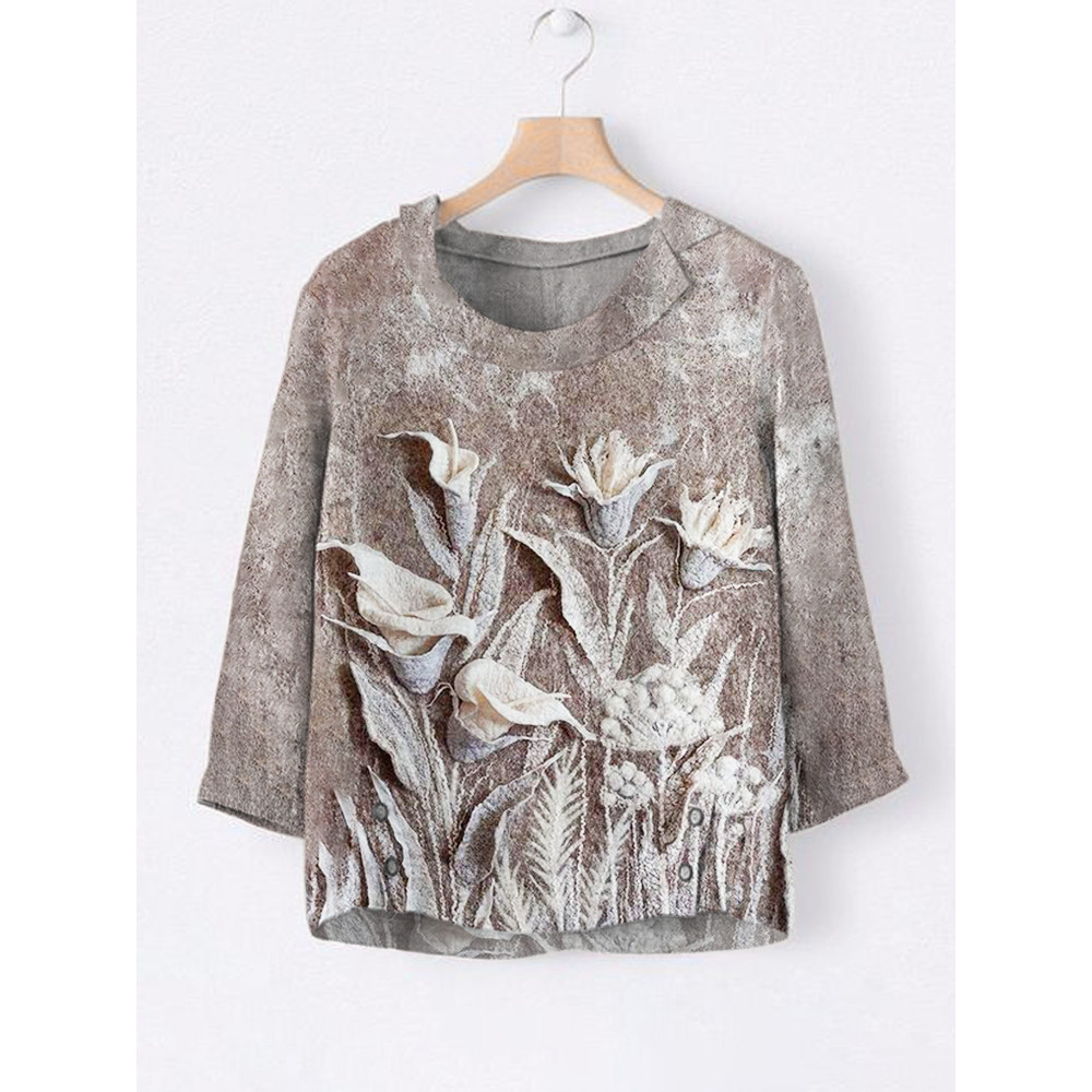 Botanical Floral Art Print Women's Linen Lapel Shirt
