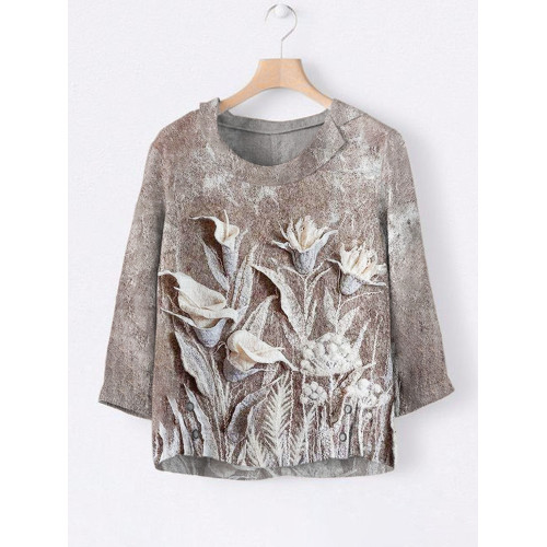 Botanical Floral Art Print Women's Linen Lapel Shirt