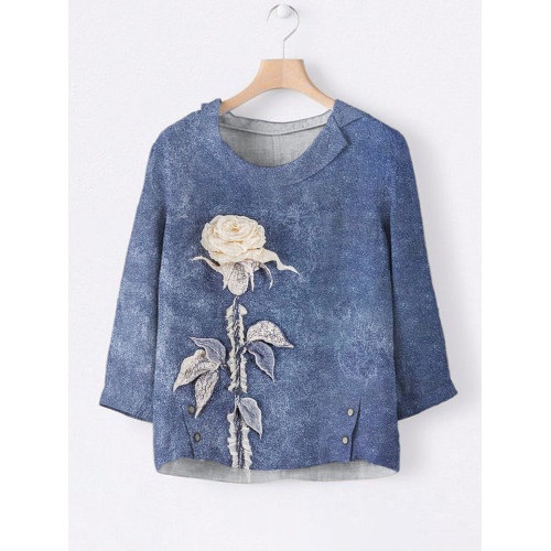 Botanical Floral Art Print Women's Linen Lapel Shirt