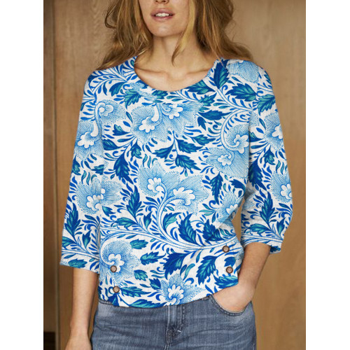 Botanical Floral Print Linen Lapel Shirt