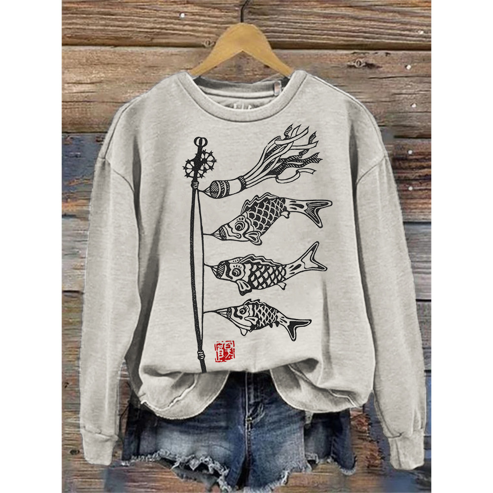 Carp Streamer Koinobori Japanese Lino Art Sweatshirt