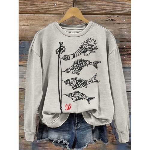 Carp Streamer Koinobori Japanese Lino Art Sweatshirt