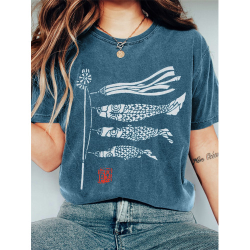 Carp Streamer Koinobori Japanese Lino Art Vintage T shirt