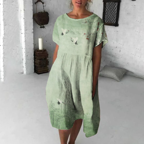 Casual Crane Floral Art Print Short Sleeve Midi Dress