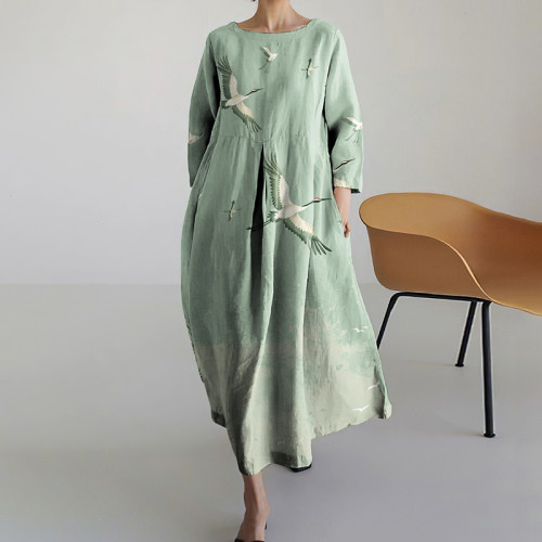 Casual Crane Print Long Sleeve Cozy Linen Blend Midi Dress