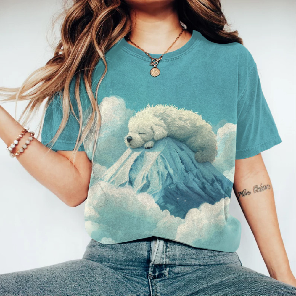 Casual Cute Dog Mountain Print Short Sleeve T-Shirt