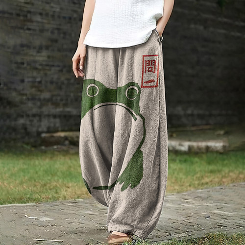 Casual Cute Frog Japanese Lino Art Painting Print Loose Pants
