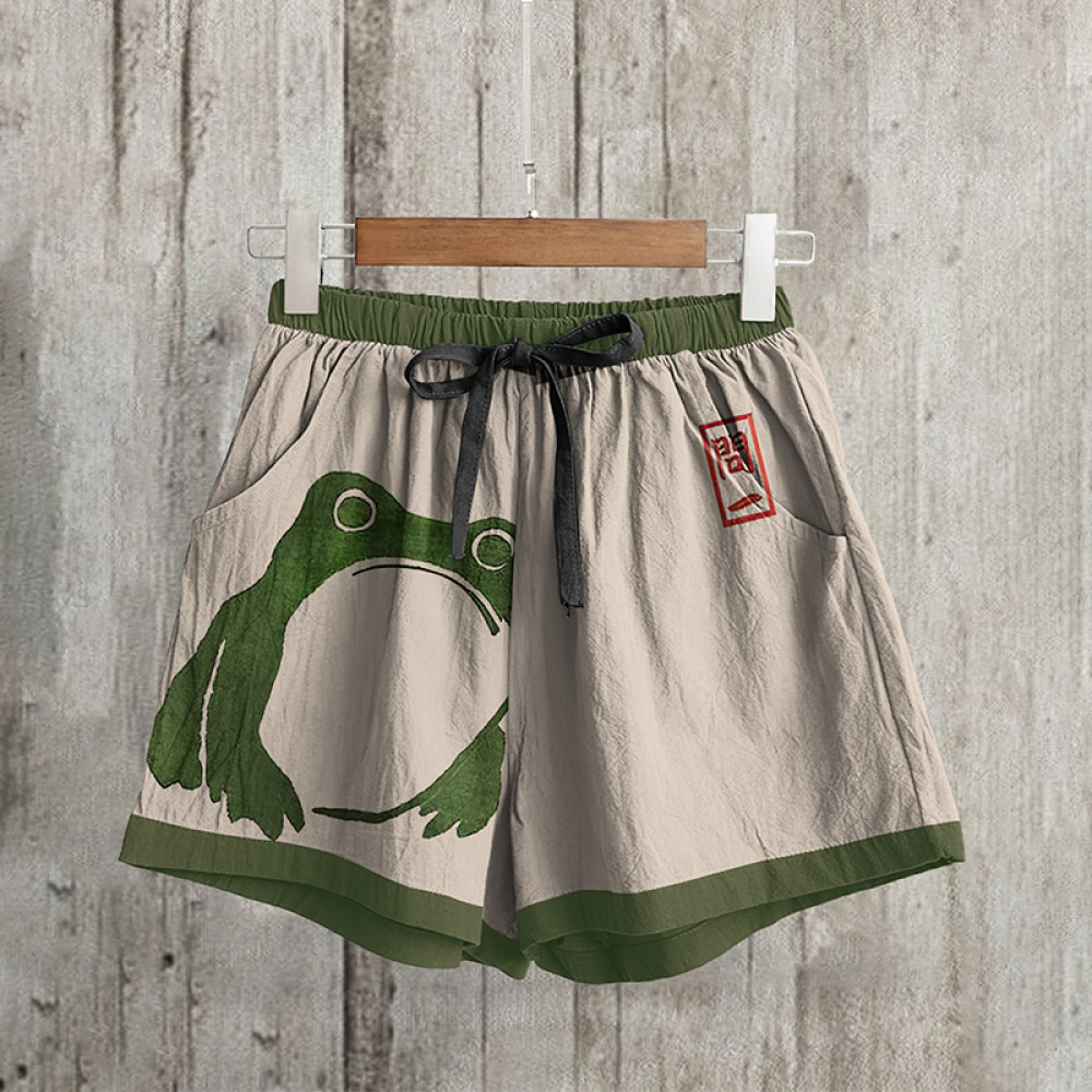 Casual Cute Frog Japanese Lino Art Painting Print Loose Shorts