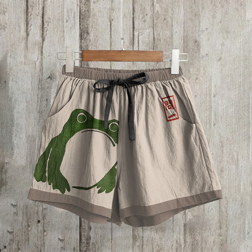 Casual Cute Frog Japanese Lino Art Painting Print Loose Shorts