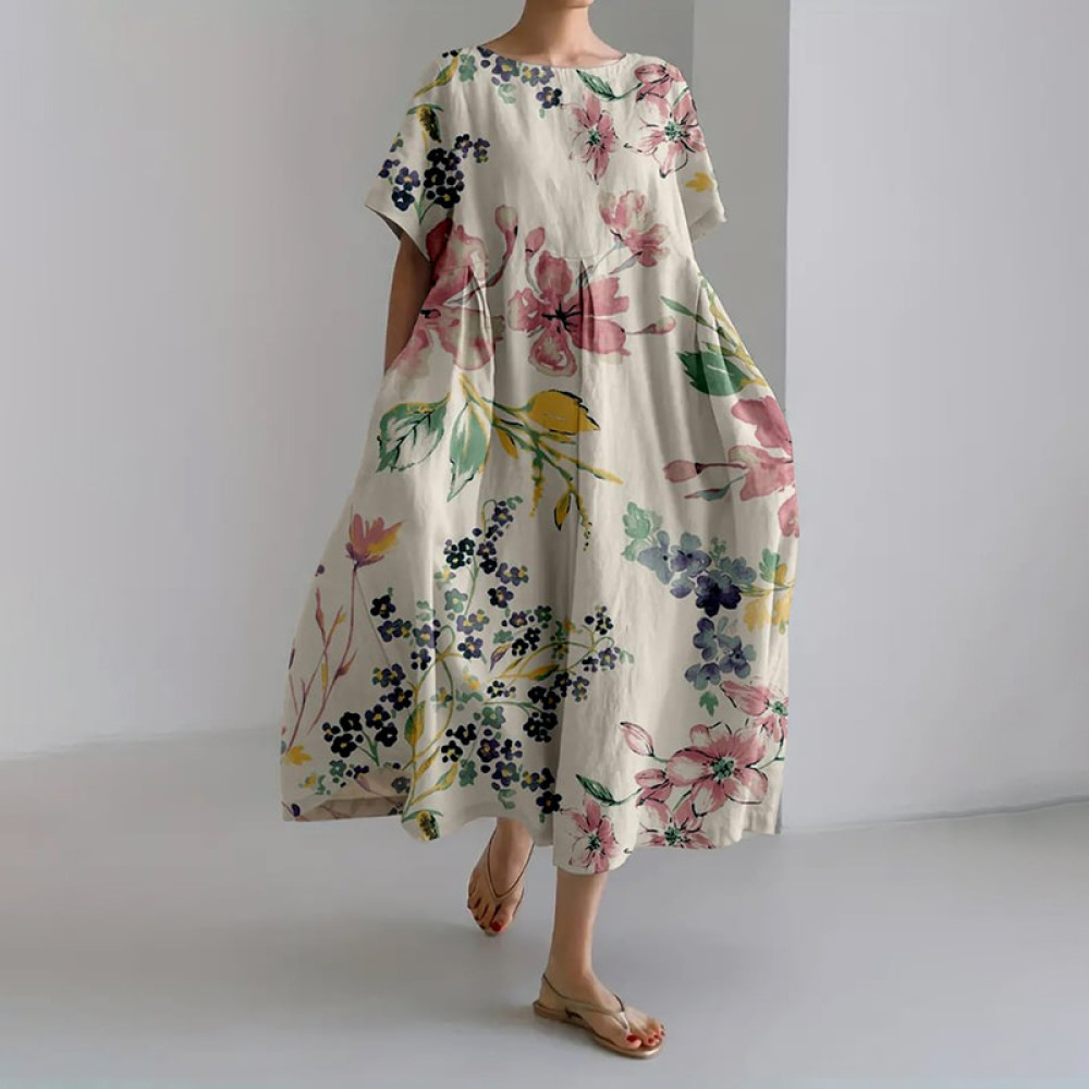 Casual Floral Print Round Neck Short Sleeve Midi Dress