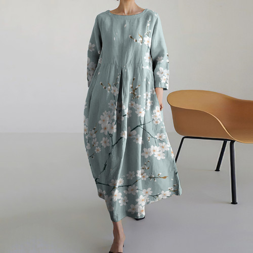 Casual Japanese Art Crane Print Long Sleeve Midi Dress