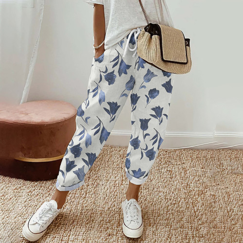 Casual Japanese Art Flower Print Straight Pocket Pants