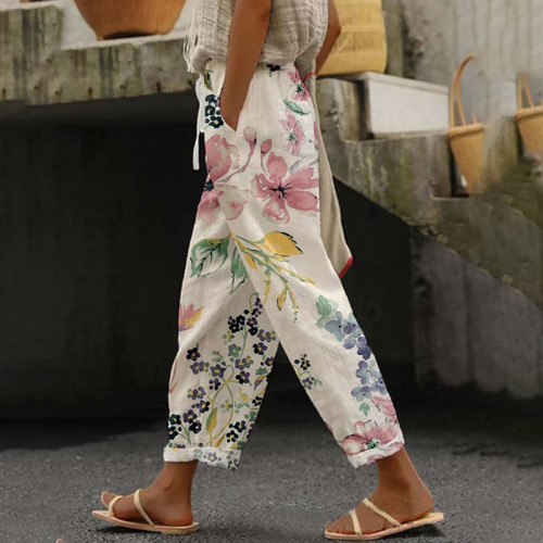 Casual Japanese Art Flower Print Straight Pocket Pants