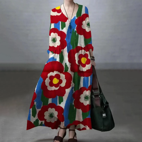 Casual Japanese Art Flowers Print V-Neck Long Sleeve Midi Dress