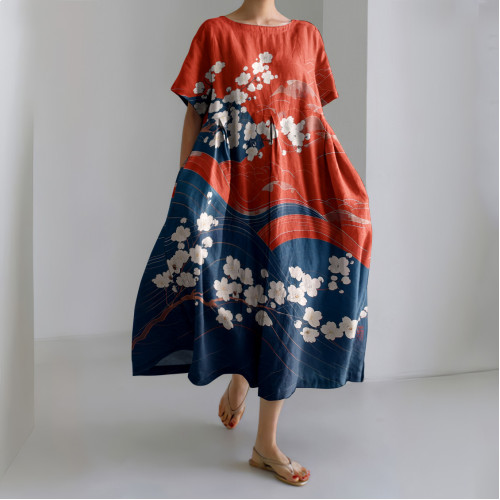 Casual Japanese Art Waves Sakura Print Linen Blend Dress