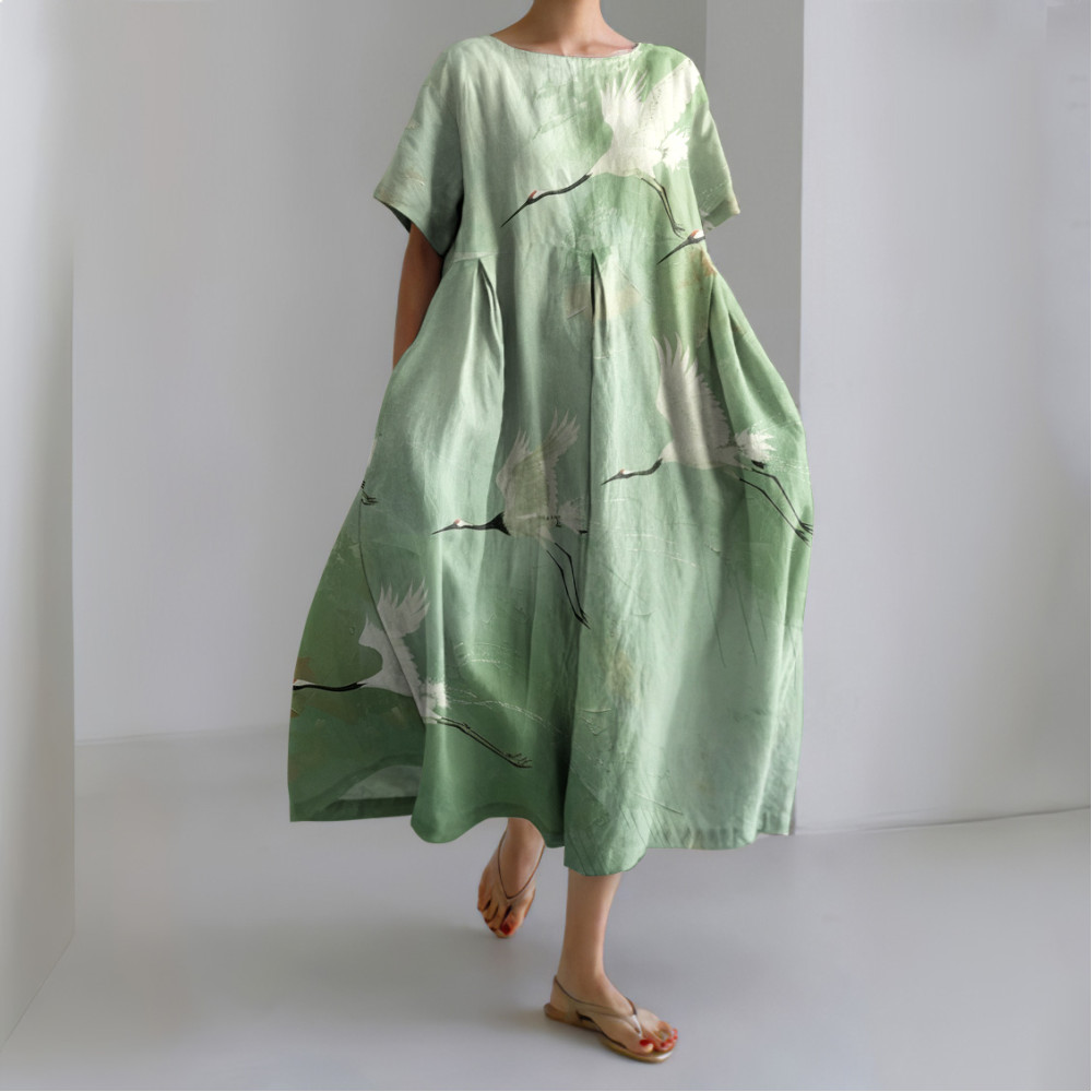 Casual Loose Bird Print Round Neck Short Sleeve Midi Dress