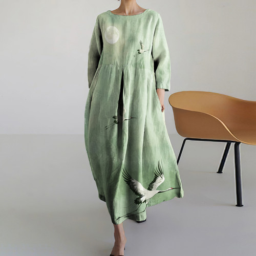 Casual Loose Crane Print Crew Neck Long Sleeve Midi Dress