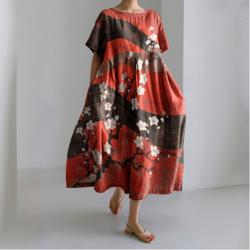 Casual Loose Japanese Art Cherry Blossom Print Linen Blend Dress