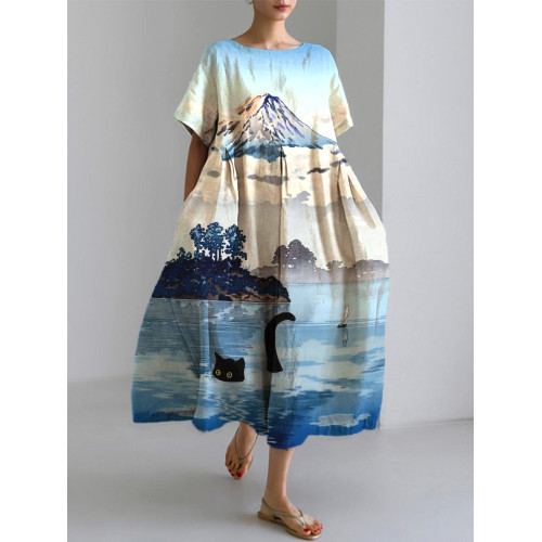 Cat Japanese Art Linen Blend Casual Dress