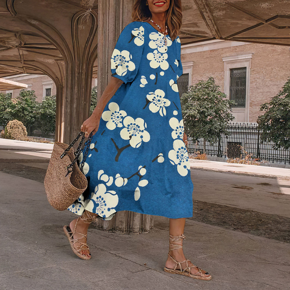 Causal Blue Floral Japanese Art And Spring Midi Dress