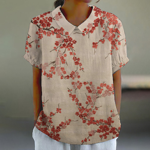 Cherry Blossom Art Print Casual Cotton Linen Shirt