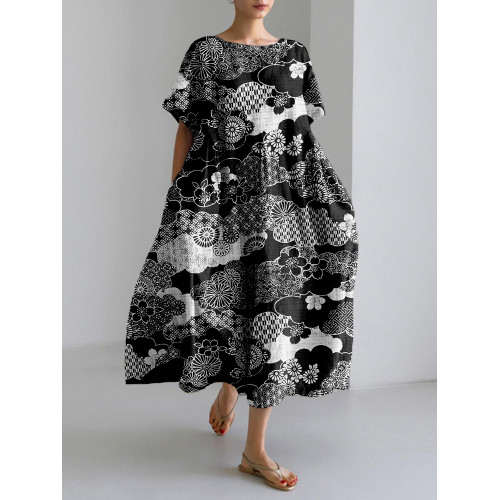 Cherry Blossom Clouds Japanese Art Linen Blend Maxi Dress