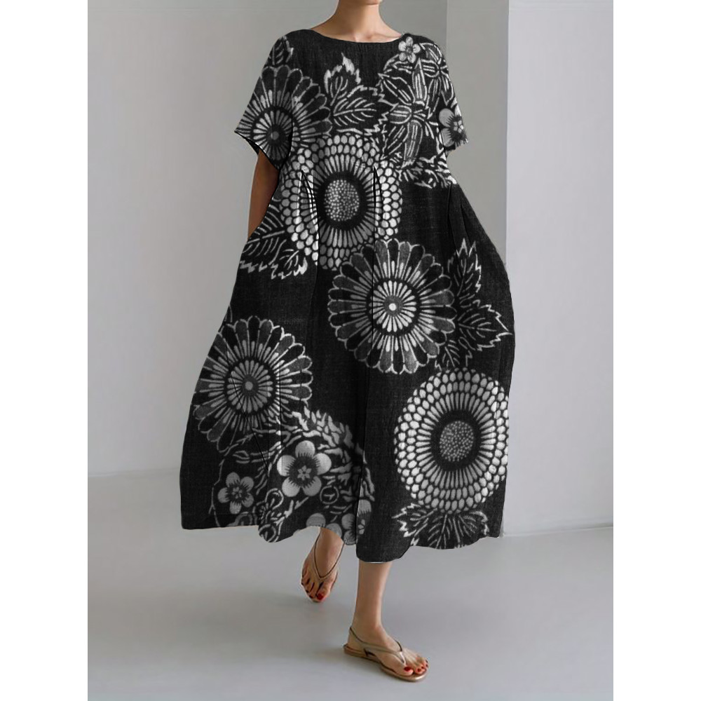 Cherry Blossom Floral Japanese Art Linen Blend Maxi Dress