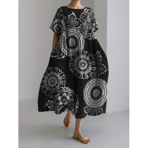 Cherry Blossom Floral Japanese Art Linen Blend Maxi Dress