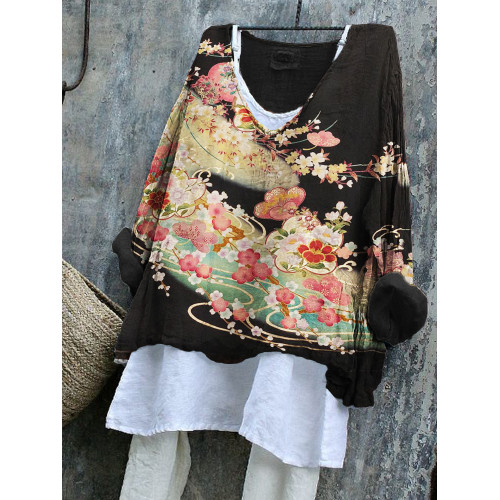 Cherry Blossom Japanese Art Flowy Linen Blend Tunic
