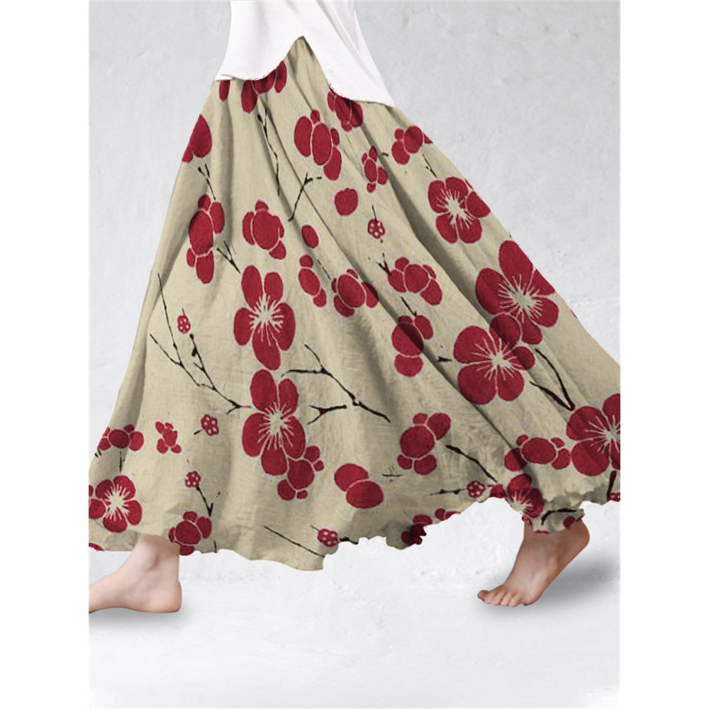 Cherry Blossom Japanese Art Linen Blend Flowy Wide Skirt