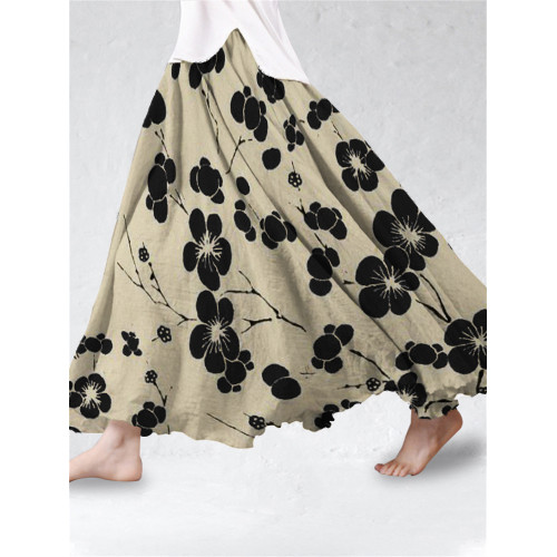 Cherry Blossom Japanese Art Linen Blend Flowy Wide Skirt
