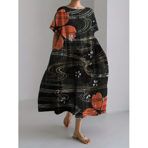 Cherry Blossom Japanese Art Pattern Linen Blend Maxi Dress