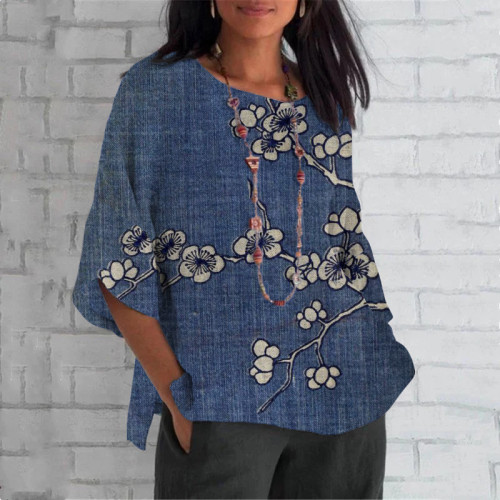 Cherry Blossom Japanese Art Print Crew Neck Casual T-Shirt