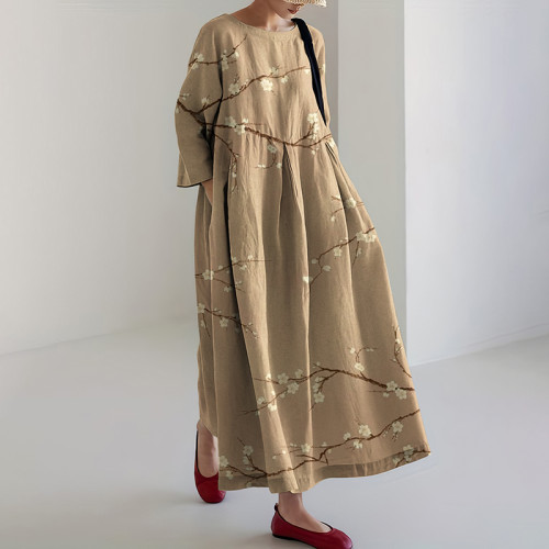 Cherry Blossom Japanese Art Print Long Sleeve Casual Midi Dress